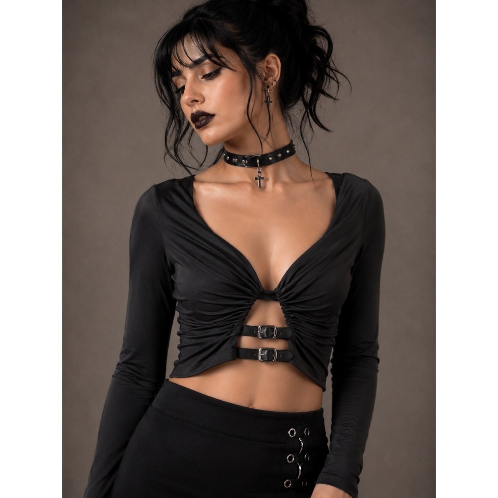 Windsor Black Buckle Crop Top Medium NWT Goth Grunge Indie Sleaze Long Sleeve